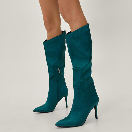 Dark Teal Satin Pointed Toe Elegant Stiletto Heel Tall Boots