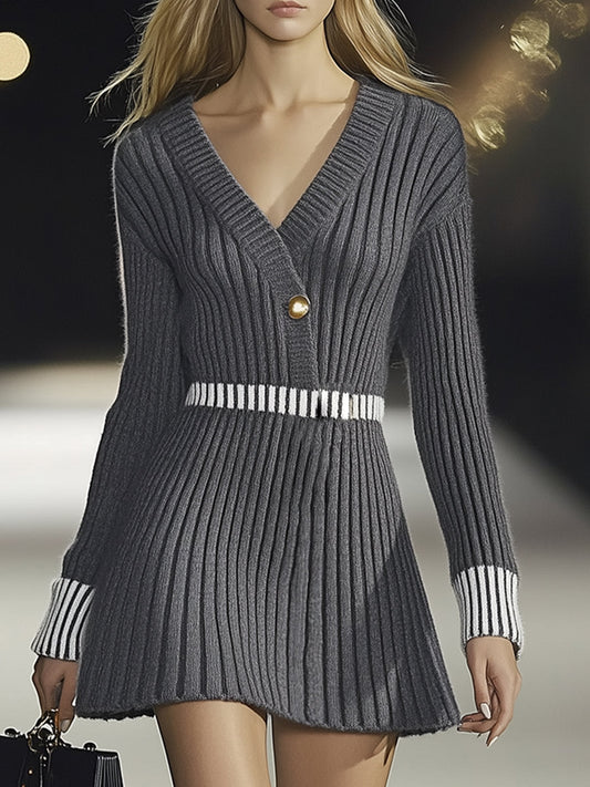Fashionable V-neck Grey Knitted Long-sleeved Mini Dress