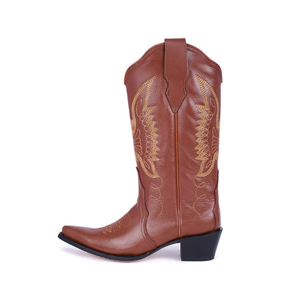 Embroidered Bird Mid-Calf Snip Toe Brown Cowgirl Boots for Women