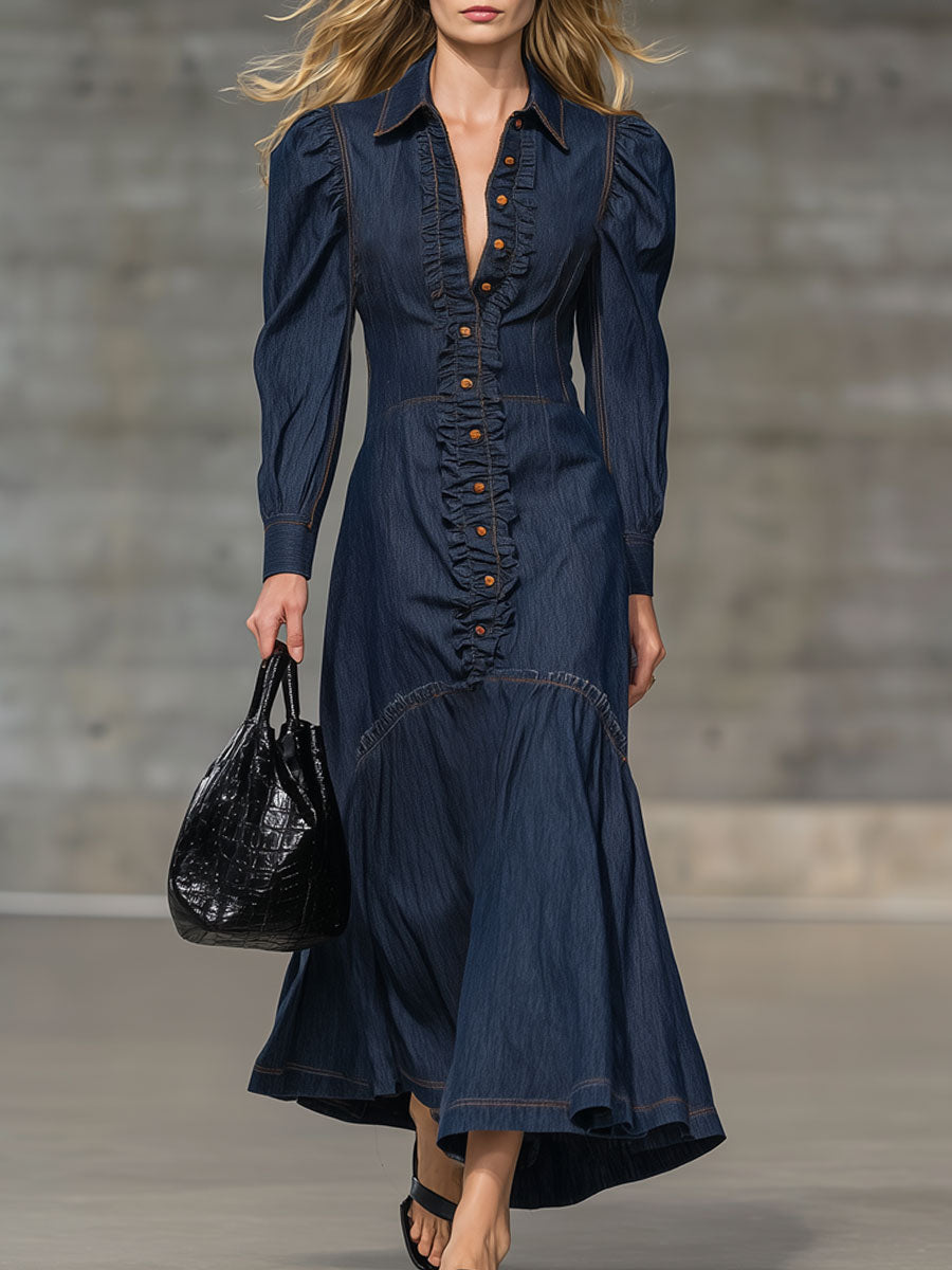 Fashion Retro Ruffled Navy Blue Denim Long-Sleeved Maxi Dress