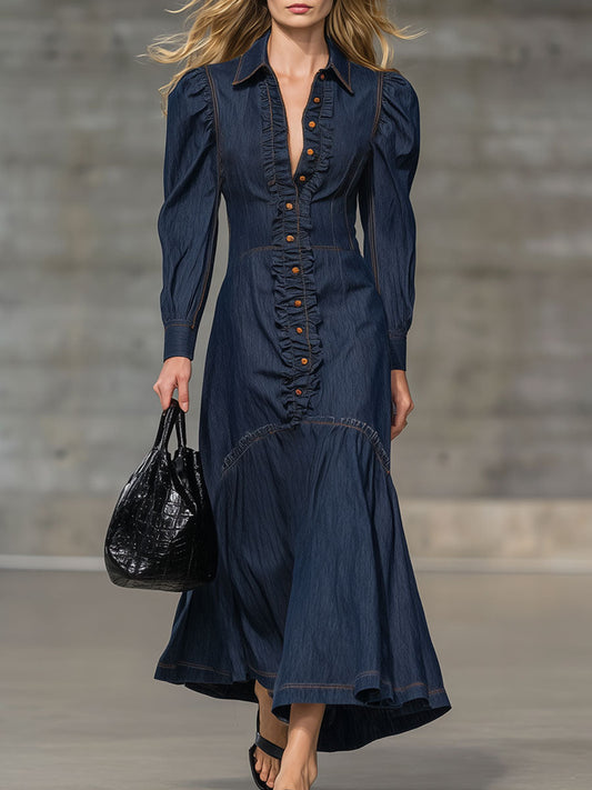 Fashion Retro Ruffled Navy Blue Denim Long-Sleeved Maxi Dress