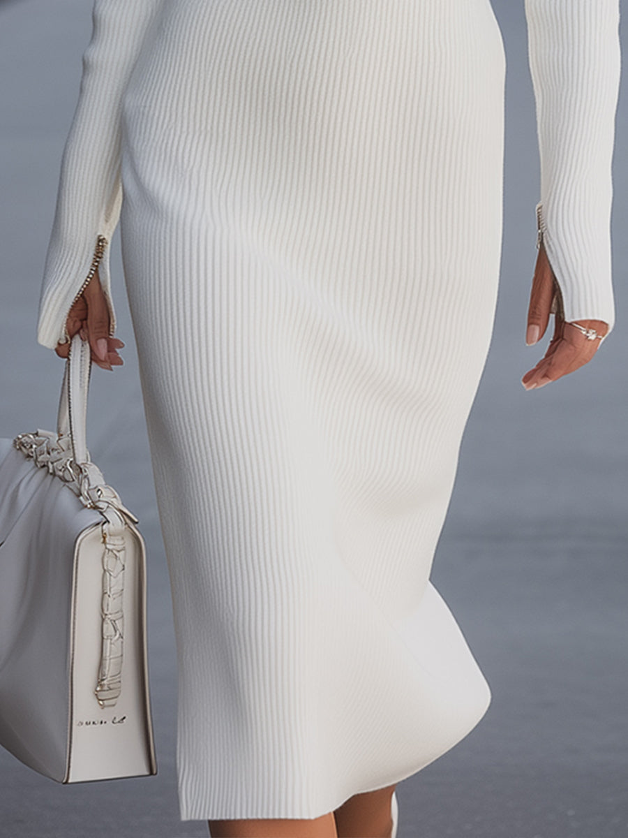 Elegant Ribbed Knit Midi Dress With Zipper Detail