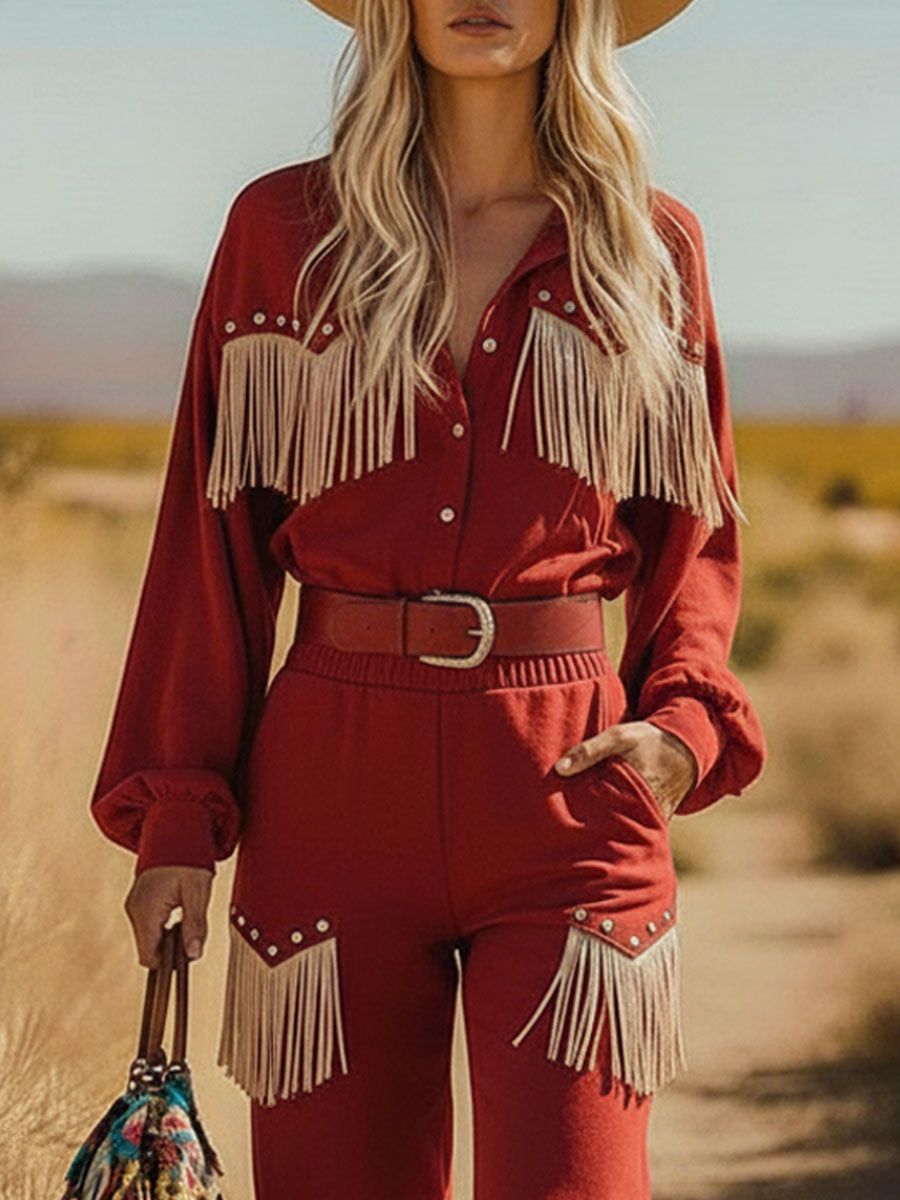 Western Retro Red Faux Suede Long Sleeve Shirt Lace-Up Tassel Pants Set