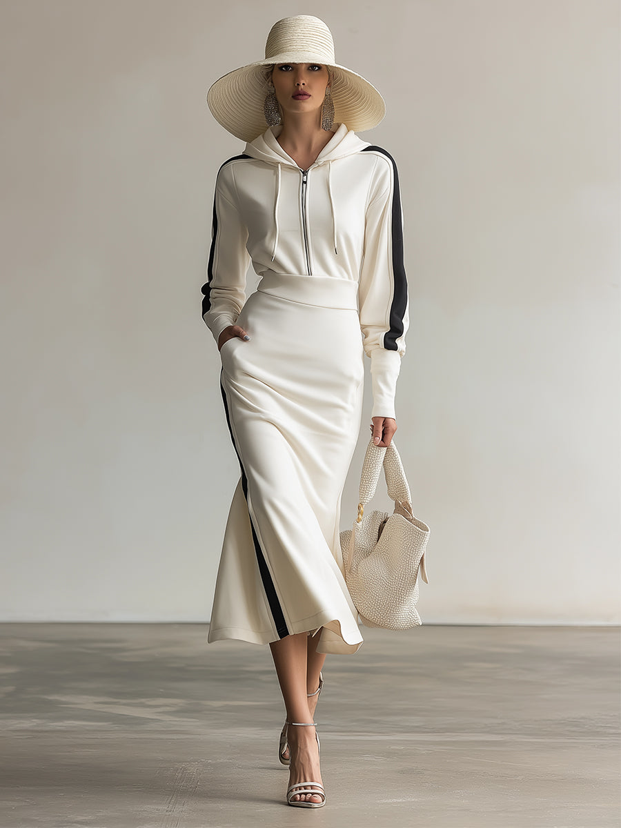 Elegant And Casual White Hooded Front Zipper Black Striped Sweatshirt Long Sleeve Maxi Dress