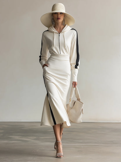 Elegant And Casual White Hooded Front Zipper Black Striped Sweatshirt Long Sleeve Maxi Dress