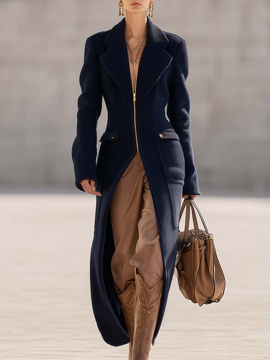 Exquisite Retro Western Style Large Lapel Front Zipper Dark Blue Woolen Long Coat