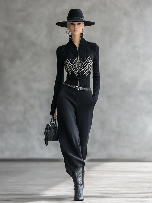 Fashionable Sports Black Half-zip Knit Top And Cotton Wide-leg Pants Set