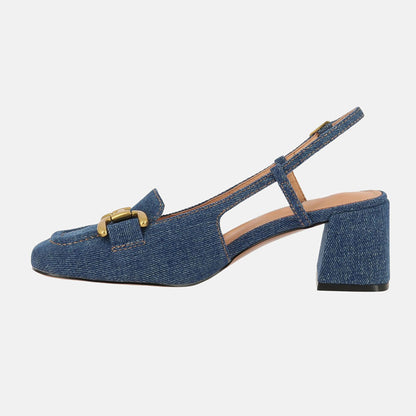 Denim Blue Closed Toe Block Heel Women's Slingback Pumps with Chain