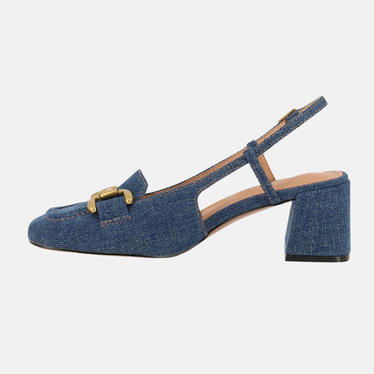 Denim Blue Closed Toe Block Heel Women's Slingback Pumps with Chain