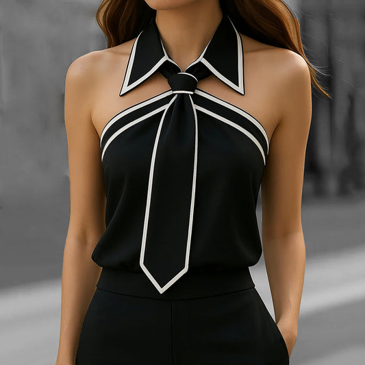 Fashion Halter Tie Neck Contrast Binding Blouse