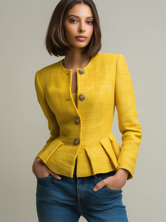 Elegant Round Neck Metal Button Peplum Hem Tweed Jacket