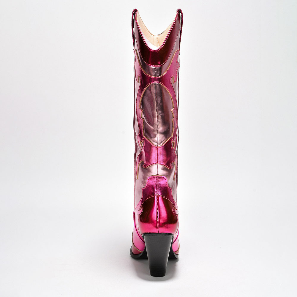 Fuchsia and Pink Metallic Patchwork Cowgirl Boots with Chunky Heel