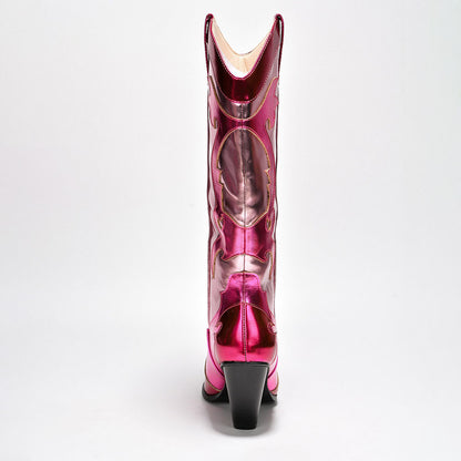 Fuchsia and Pink Metallic Patchwork Cowgirl Boots with Chunky Heel