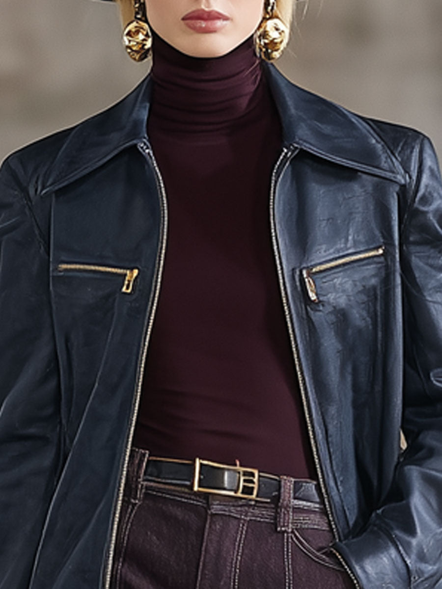 Fashion Vintage Navy Faux Leather Zip-Up Jacket
