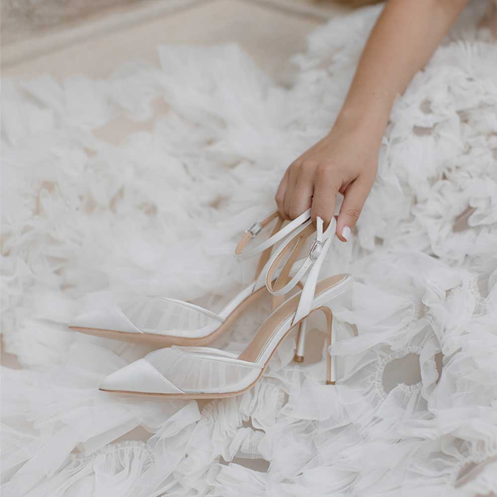 Elegant White Mesh & Satin Pointed Toe Pumps Shoes with Ankle Strap