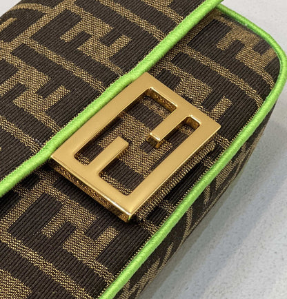 FI Baguette Small Brown Fabric Green Border Bag For Woman 18cm/7in