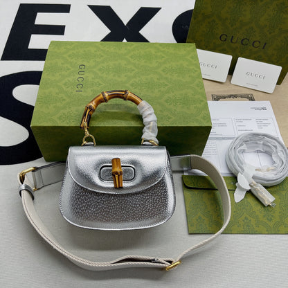 gg Bamboo 1947 Mini Top Handle Bag Silver For Women, Women&#8217;s Bags 6.7in/17cm gg