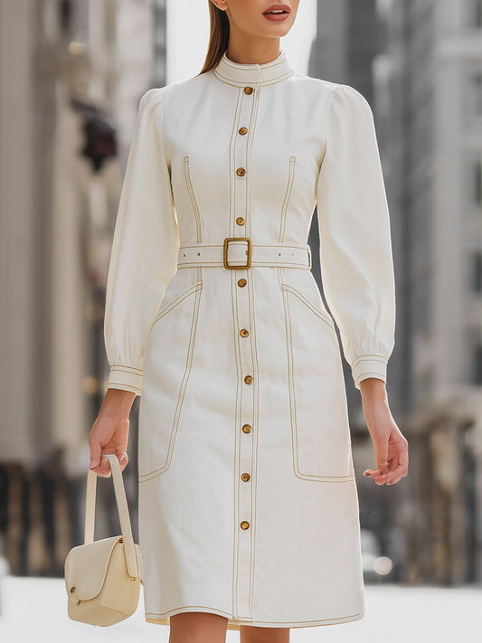 Elegant Belted White Denim Shirt Dress With Gold Button Detailing