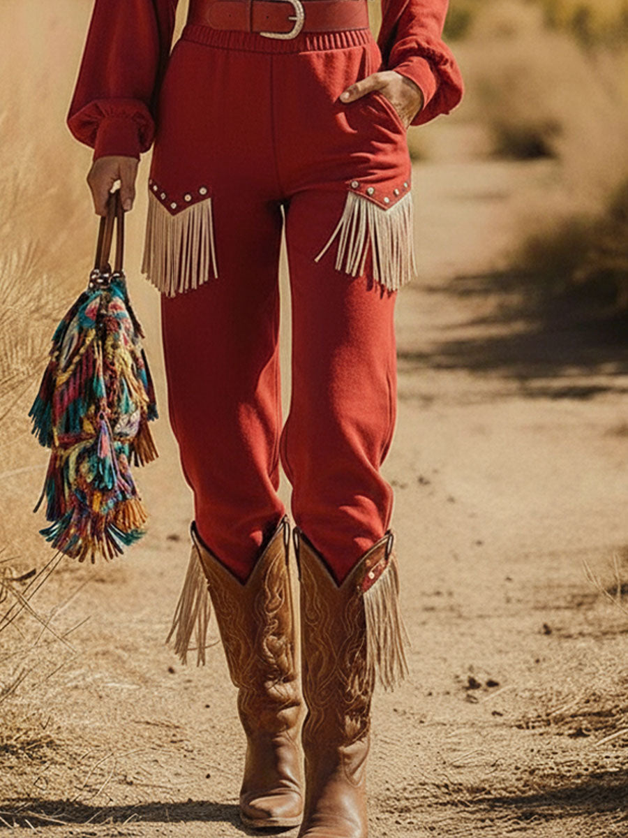 Western Retro Red Faux Suede Long Sleeve Shirt Lace-Up Tassel Pants Set