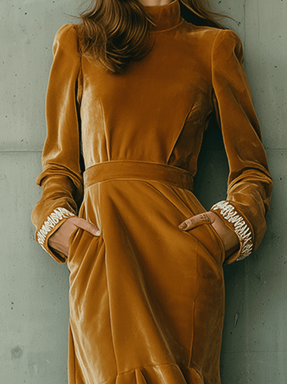 Elegant Vintage Gold Velvet Floral Embroidered Midi Dress