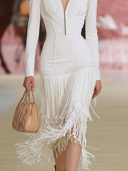 Elegant And Chic White V-neck Embroidered Tassel Midi Dress