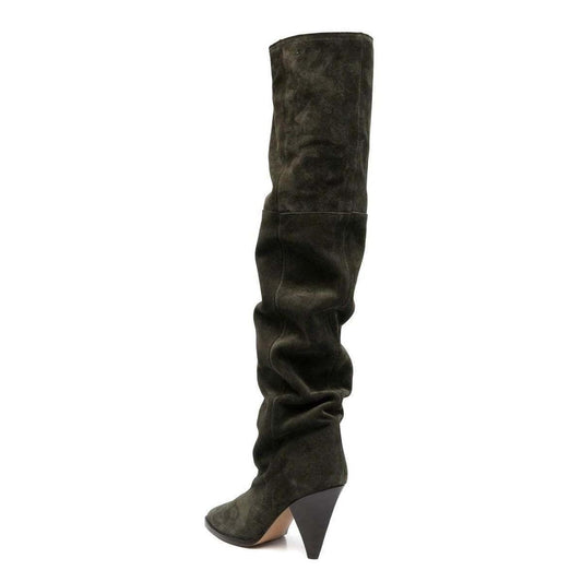Dark Green Pointed Toe Cone Heel Over The Knee Slouch Boots