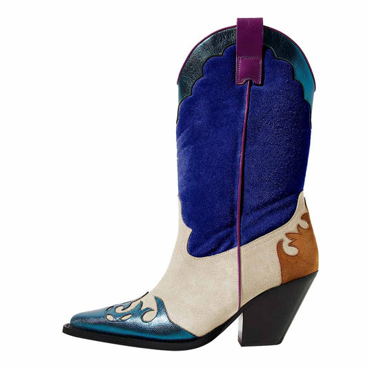 Beige & Dark Blue Pointy Toe Block Heel Mid-Calf Leaf Western Boots