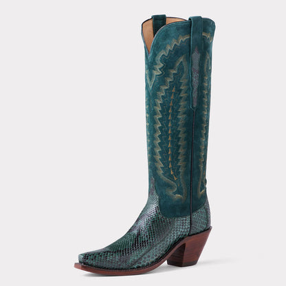 Dark Teal Faux Suede Low Block Heel Snakeskin Snip Toe Western Boots