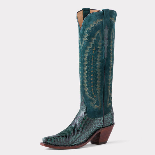 Dark Teal Faux Suede Low Block Heel Snakeskin Snip Toe Western Boots