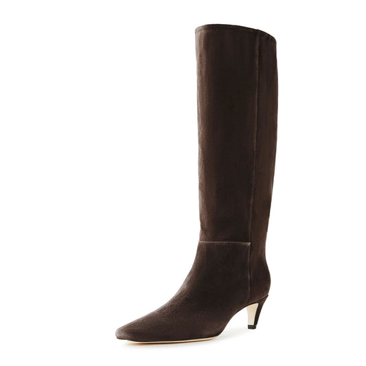 Dark Brown Square Toe Pull-On Knee-High Long Boots with Kitten Heel