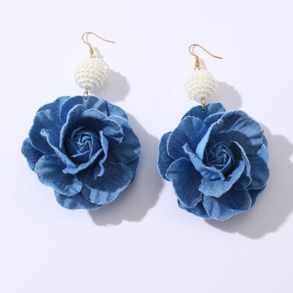 Elegant Camellia Shaped Cloth Beaded Dangle Earrings