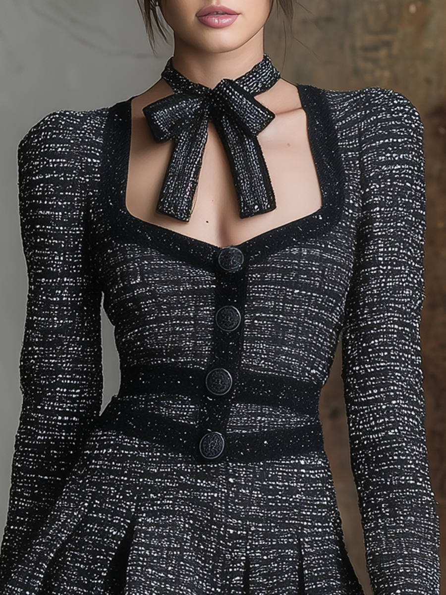 Elegant Square Neck Long Sleeve Tweed Mini Dress