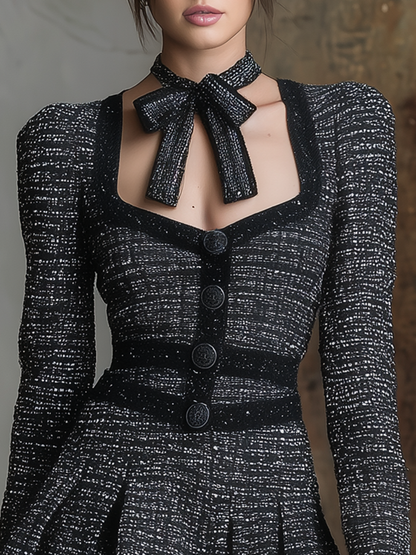 Elegant Square Neck Long Sleeve Tweed Mini Dress