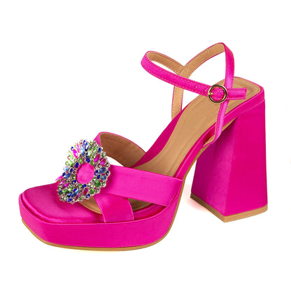 Fuchsia Satin Open Square Toe Platform Heeled Sandals with Rhinestone