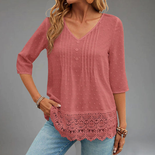 Everyday Swiss Dot V Neck 3/4 Sleeve Guipure Lace Blouse