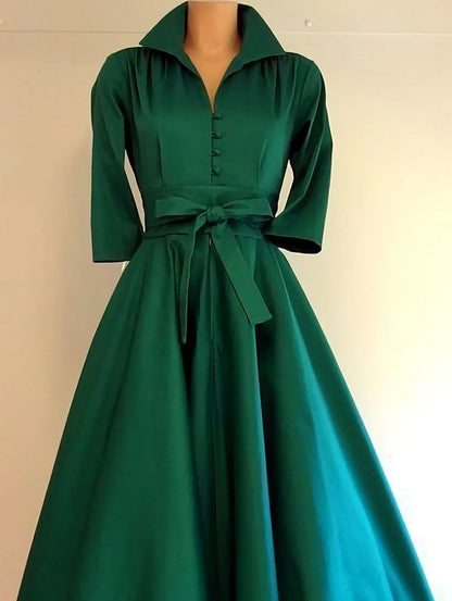 Daily Stand Collar 3/4 Sleeve Button Knotted A-Line Midi Dress