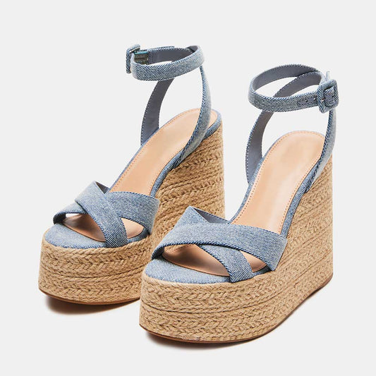 Denim Open Toe Ankle Strap Platform Espadrille Sandals with Wedges
