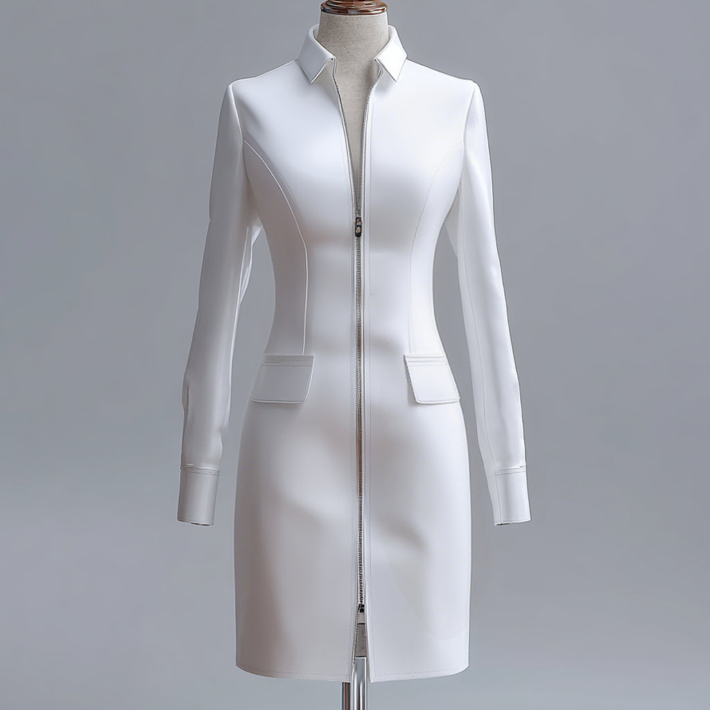 Ursime Shirt Collar Long Sleeve Two-Way Zipper PU Midi Dress
