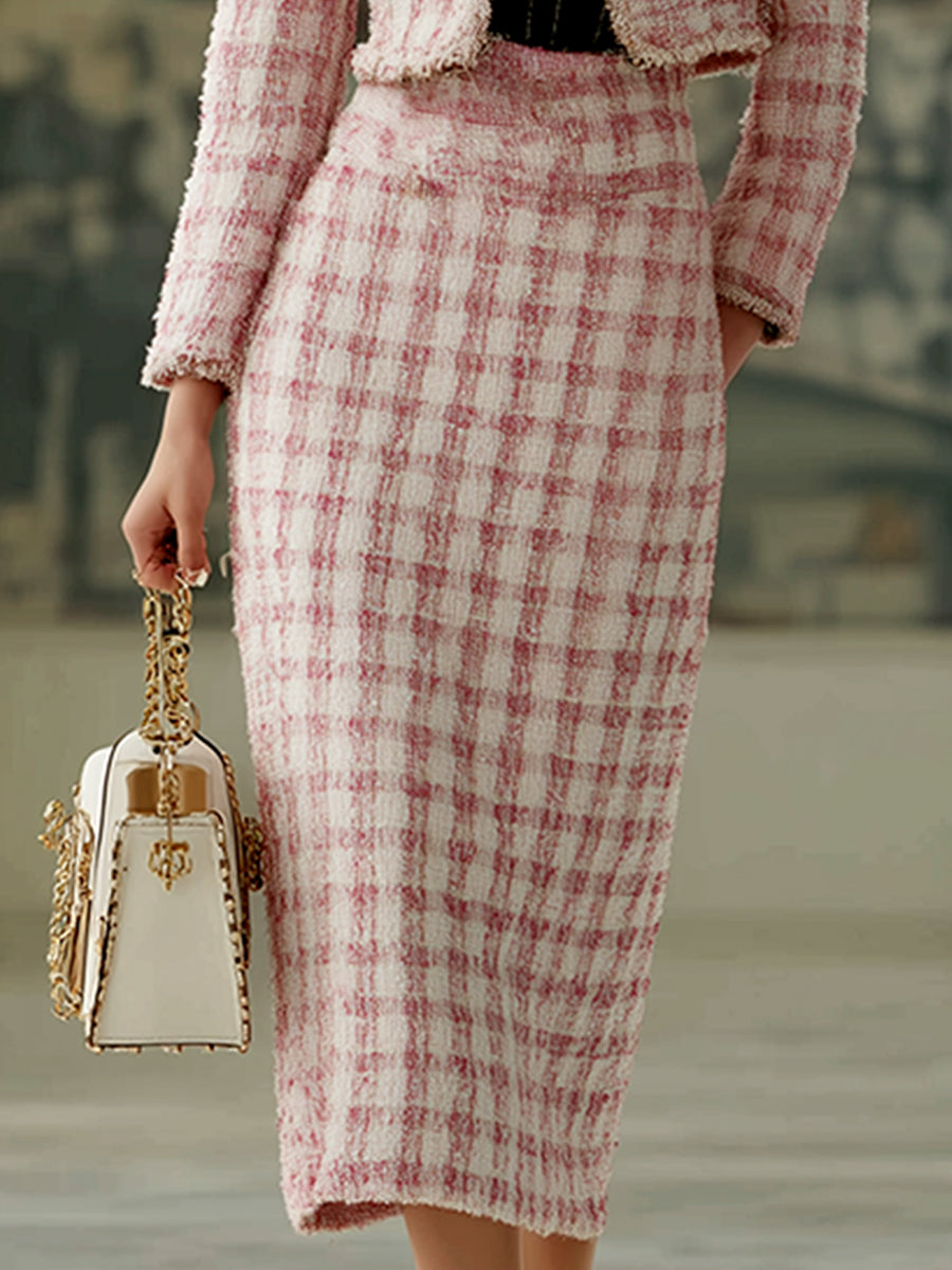 Exquisite And Gentle Pink Plaid Tweed Jacket And Skirt Set