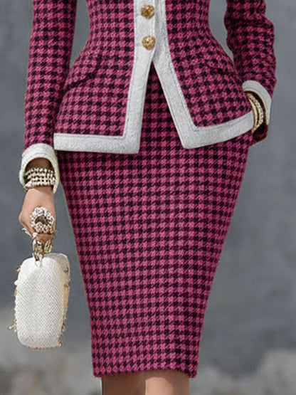 Elegant Houndstooth Blazer And Skirt Set