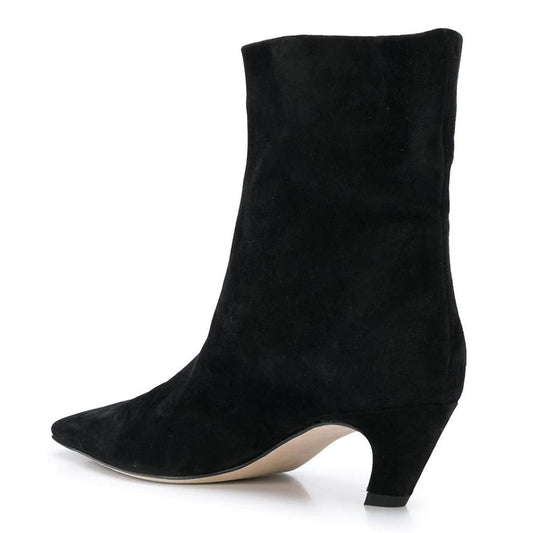 Full Black Faux Suede Pointed Toe Classic Comma Heel Ankle Boots
