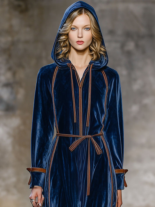 Fashion Retro Brown Trim Dark Blue Velvet Long-Sleeved Hooded Maxi Dress