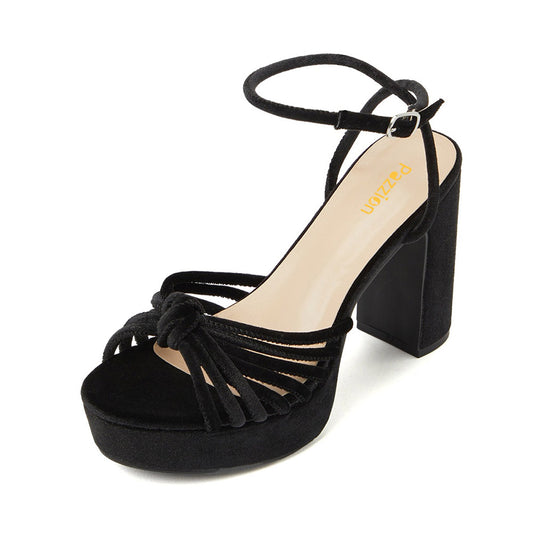 Ankle Strap Chunky High Heel Black Platform Sandals with Knot