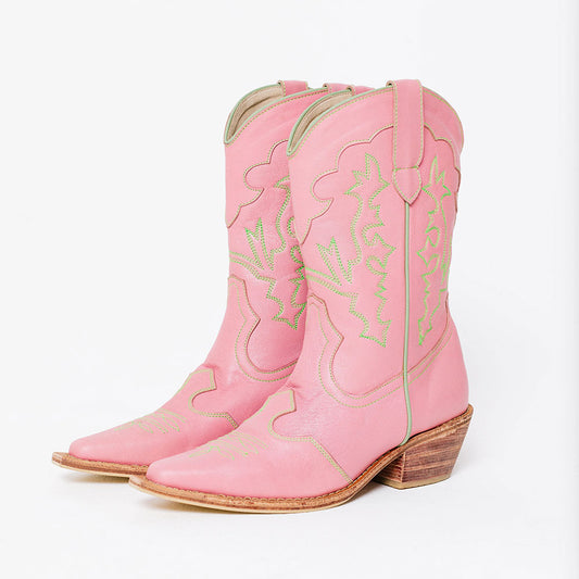 Embroidered Block Heel Snip Toe Pink Cowgirl Boots for Women