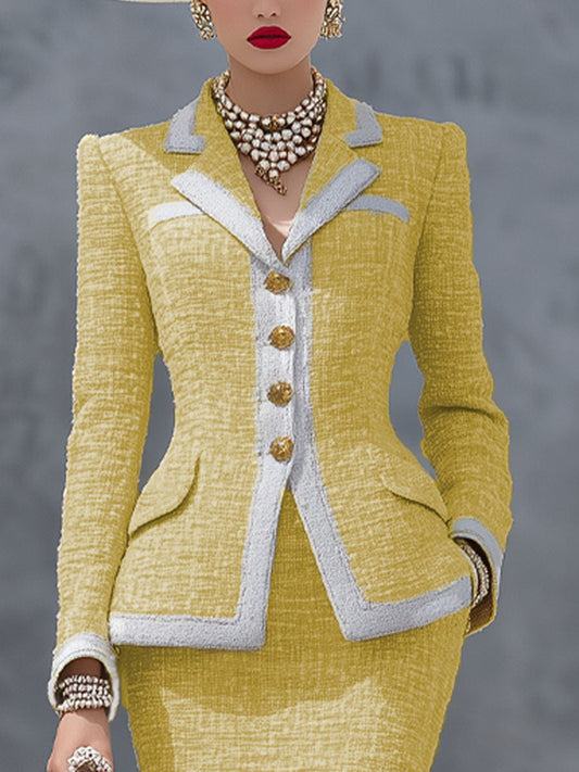 Elegant Yellow Blazer And Skirt Tweed Two-piece Suit