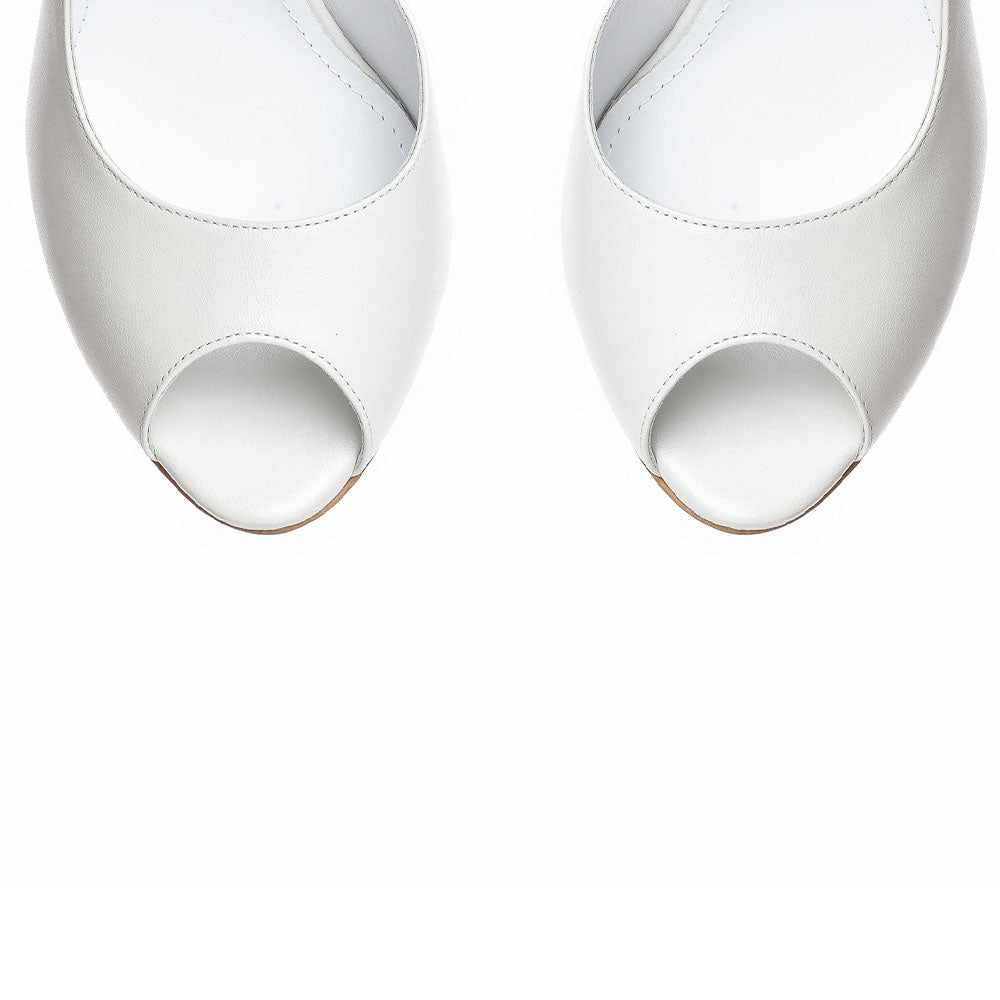 Elegant White Vegan Leather Peep Toe Rhinestone Decor Wedding Heels