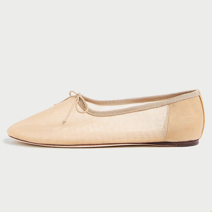 Beige Mesh Round Toe Flat Bow Inlay Sophisticated Ballet Shoes