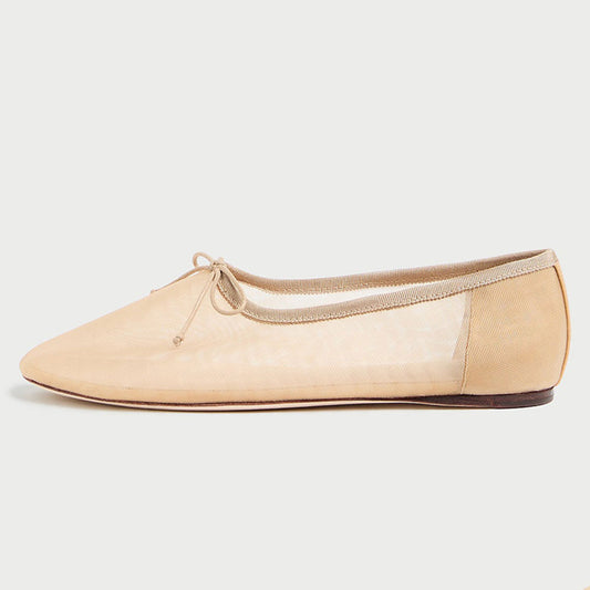 Beige Mesh Round Toe Flat Bow Inlay Sophisticated Ballet Shoes