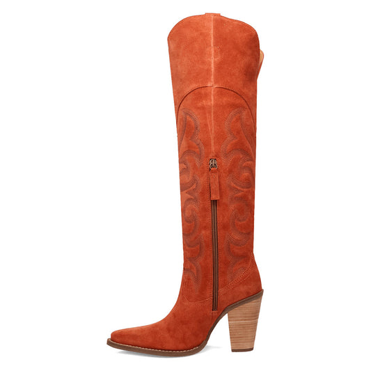 Faux Suede Pointed Toe Chunky Heel Orange Western Boots for Women