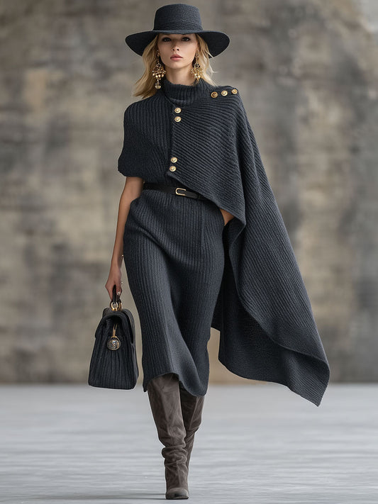 Fashion Retro Dark Gray Knitted Cape Fake Two-Piece Midi Dress